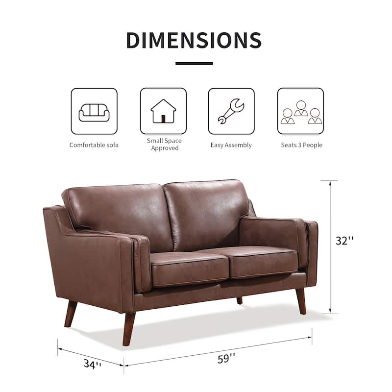 Mid-Century Leather Sofa Loveseat with 5.9" Upholstered Cushion
