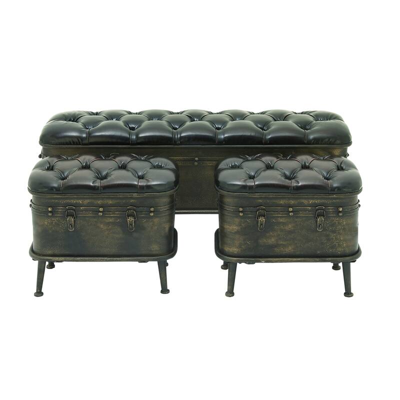 Bronze Metal Weathered Room Storage Bench with Dark Brown Tufted Faux Leather (Set of 3)