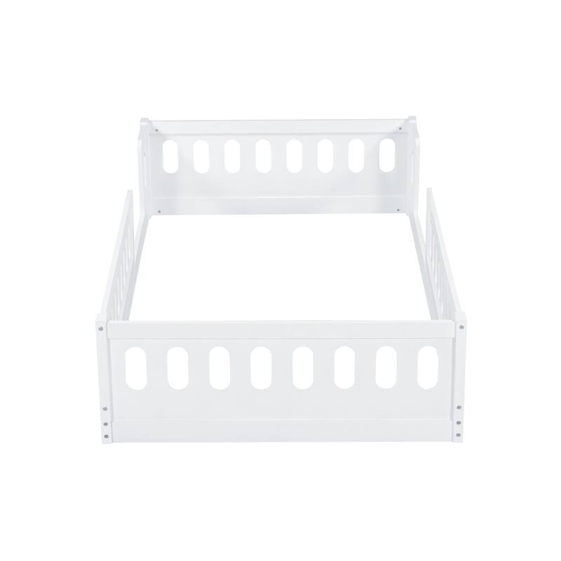 Kids Wood Floor Bed with Semi-Enclosed Guardrail and No-Slat Design
