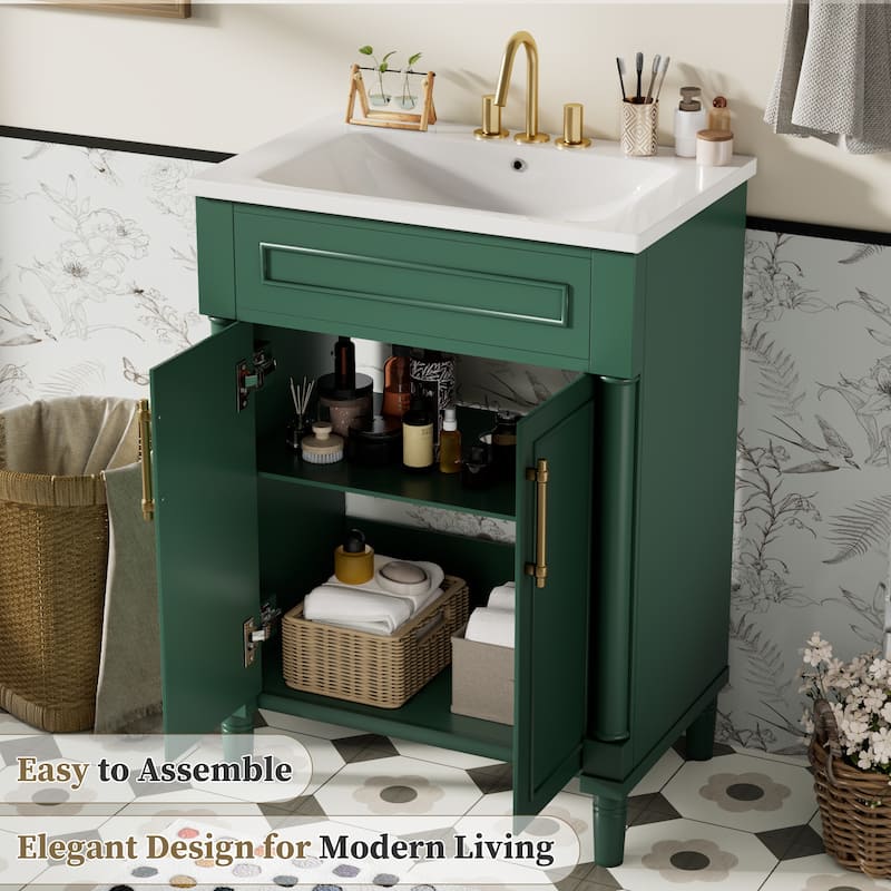 Elegant Bathroom Vanity Freestanding Storage Cabinet with Sink, 2 Doors, Gold Handles and Adjustable Interior Shelf