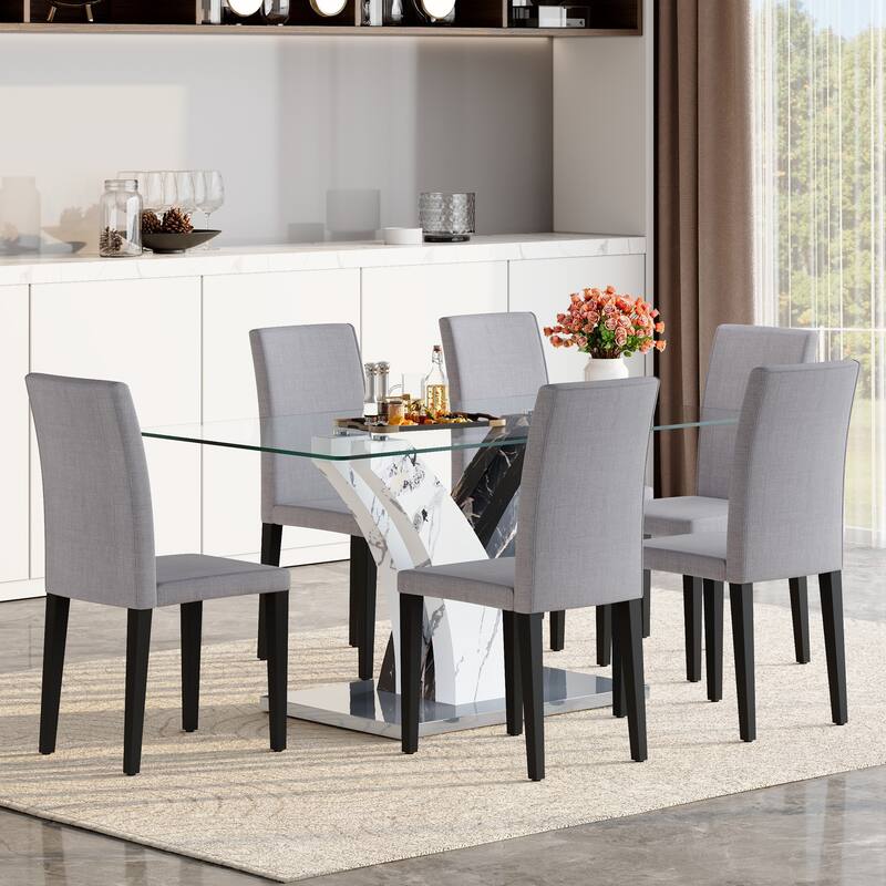 Stylish Dining Table and Chair Set, Modern Rectangular Glass Table with Upholstered Linen Chairs for Kitchen, Dining Room