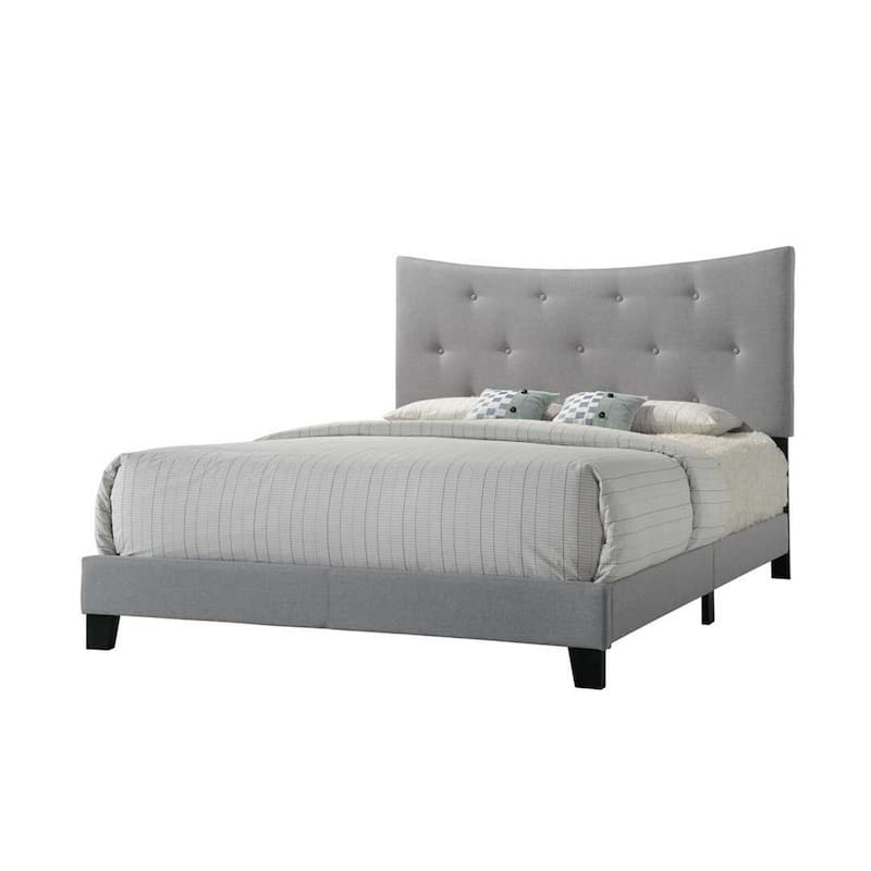 Queen Bed with Button-Tufted Arched Headboard and Low-Profile Footboard, Gray Fabric Upholstery, Rubberwood Legs - Gray