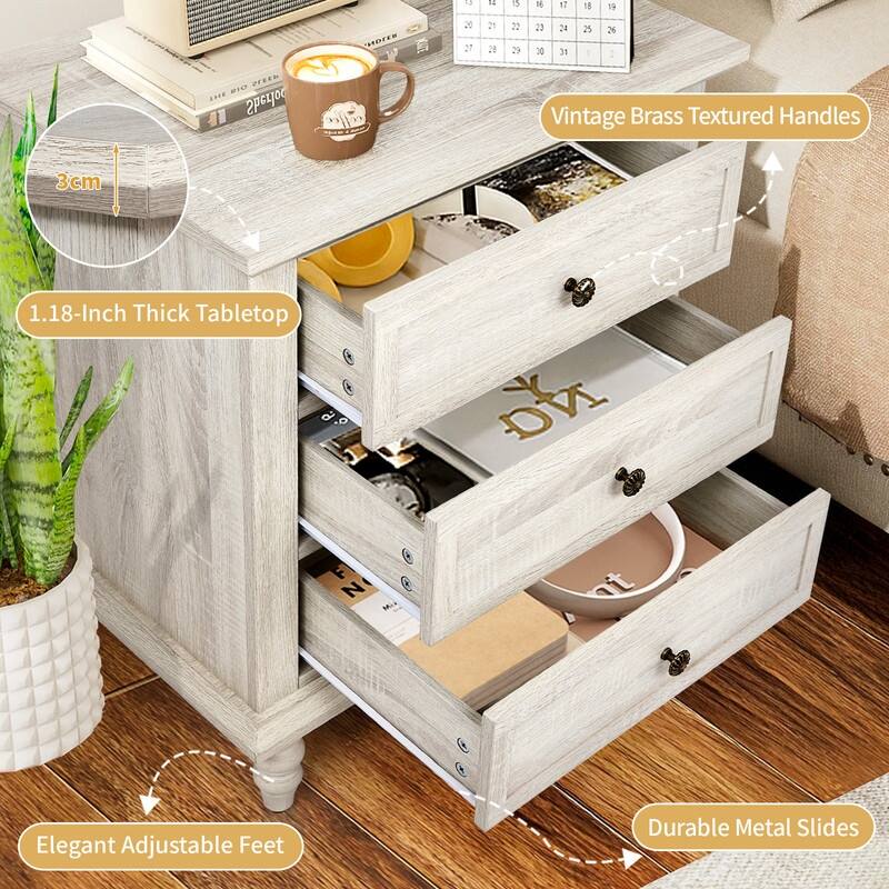 Nightstand with 3 Drawers P2 Particleboard with 3D Paper Finish + Solid Wood Legs 1 Piece