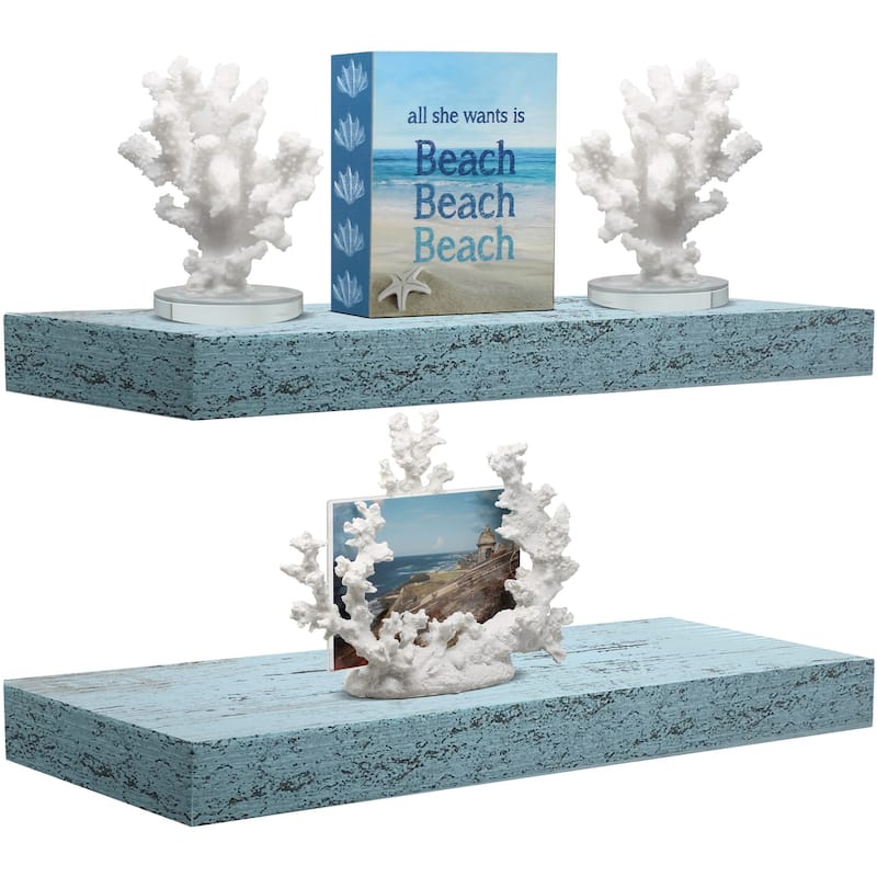 Sorbus Set of 2 Wall Mounted Nightstand Floating Shelves, Nautical/Coastal Styles with Distressed Finish - Blue