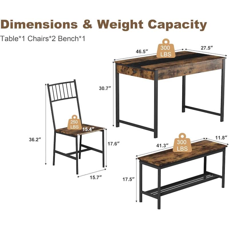 Space Saving Kitchen Dining Table Set with Bench and 2 Chairs and Storage Drawers