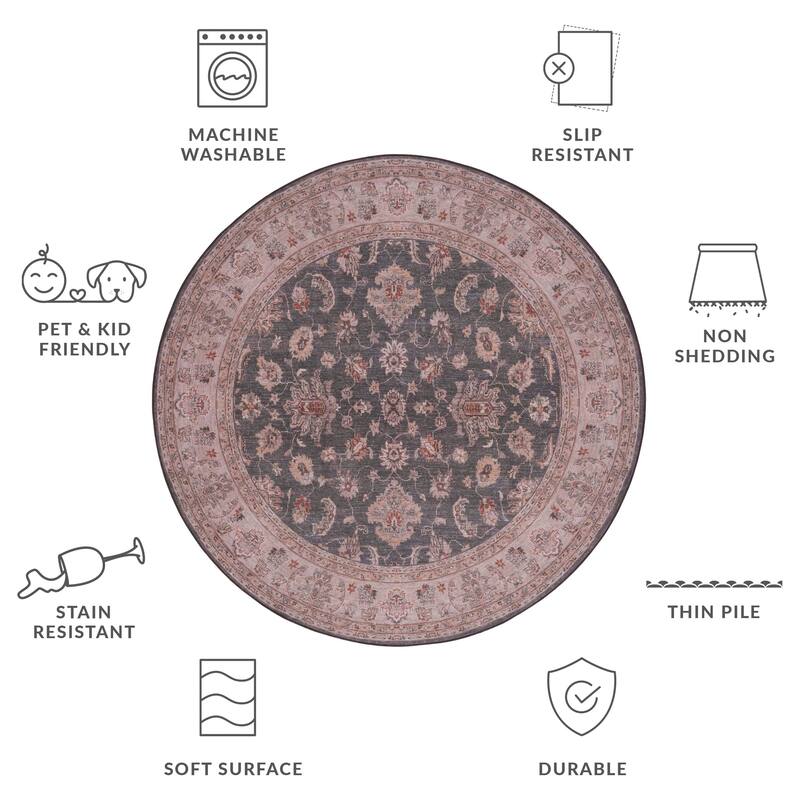 SAFAVIEH Tucson Machine Washable Slip Resistant Lissie Oriental Rug - 6' Round - Dark Grey/Beige