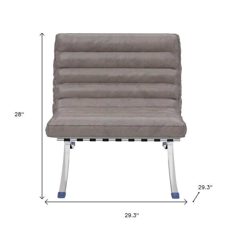 HomeRoots 29" Gray and Silver Tufted Leather and Upholstered Folding Lounge Chair - 29.30 in. x 28.00 in. x 29.30 in.