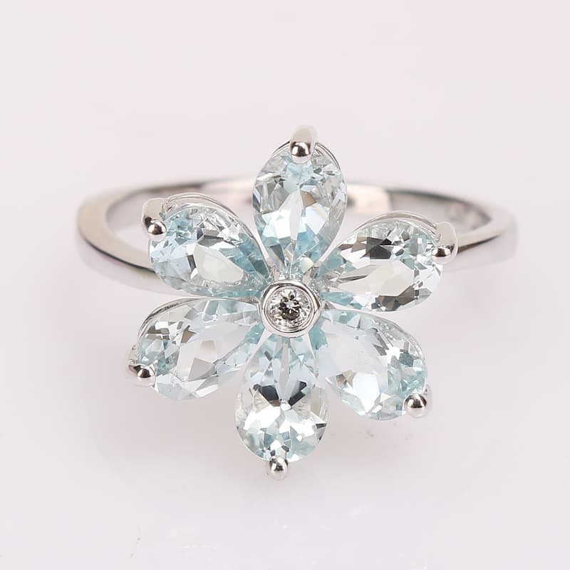 Miadora 14k White Gold Pear-cut Aquamarine and Diamond Accent Flower Ring