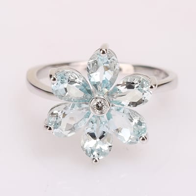 Miadora 14k White Gold Pear-cut Aquamarine and Diamond Accent Flower Ring
