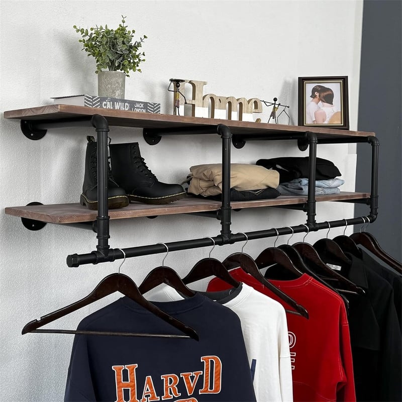 60In Industrial Pipe Clothing Rack with Top Shelf - 14.57"D x 59.05"W x 12.09"H