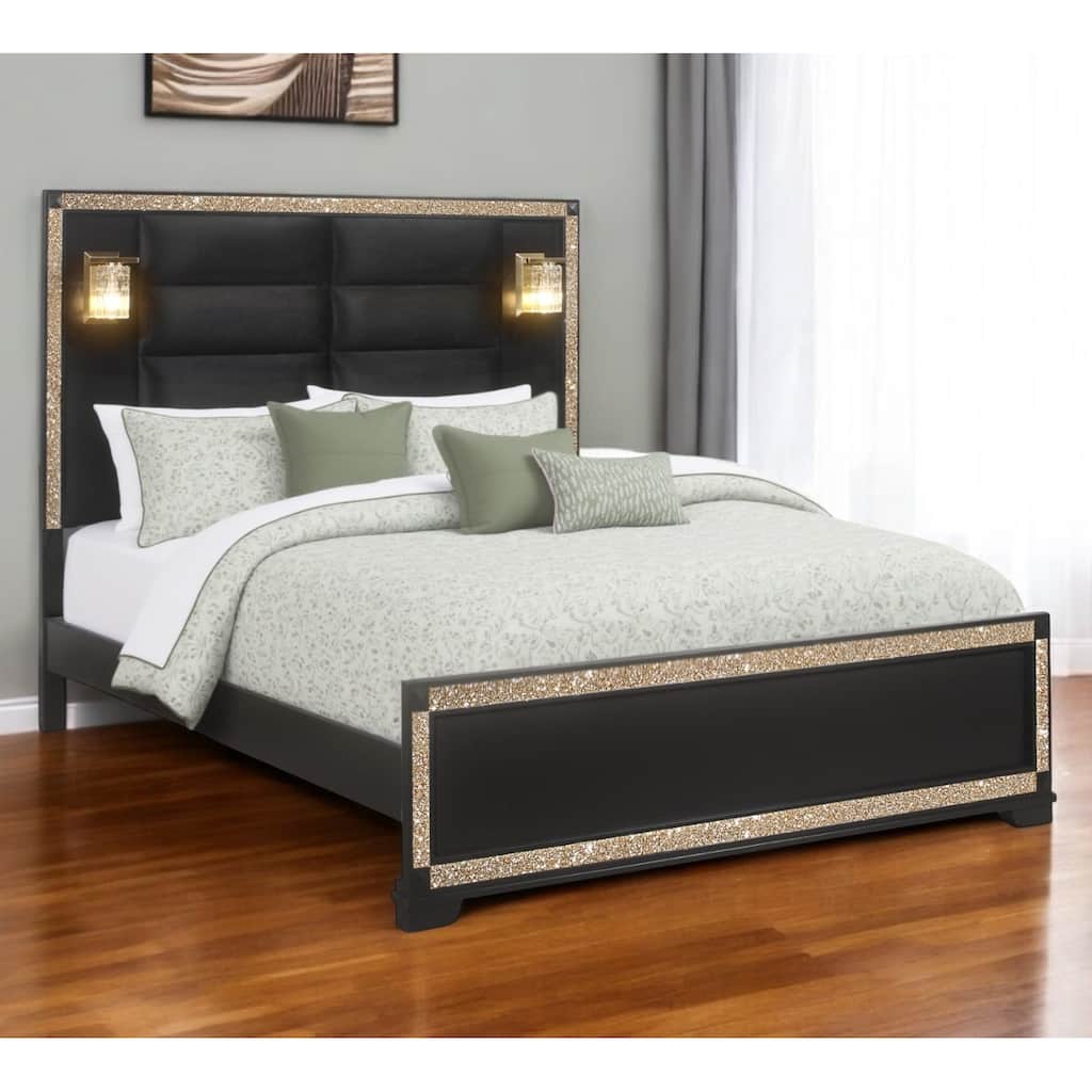 HomeRoots Black Faux Crystal Bling Wood And Upholstery Lighted King Bed Frame