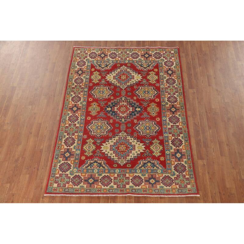 Geometric Red Kazak Area Rug Hand-Knotted Traditional Wool Carpet - 4'11" x 7'1"
