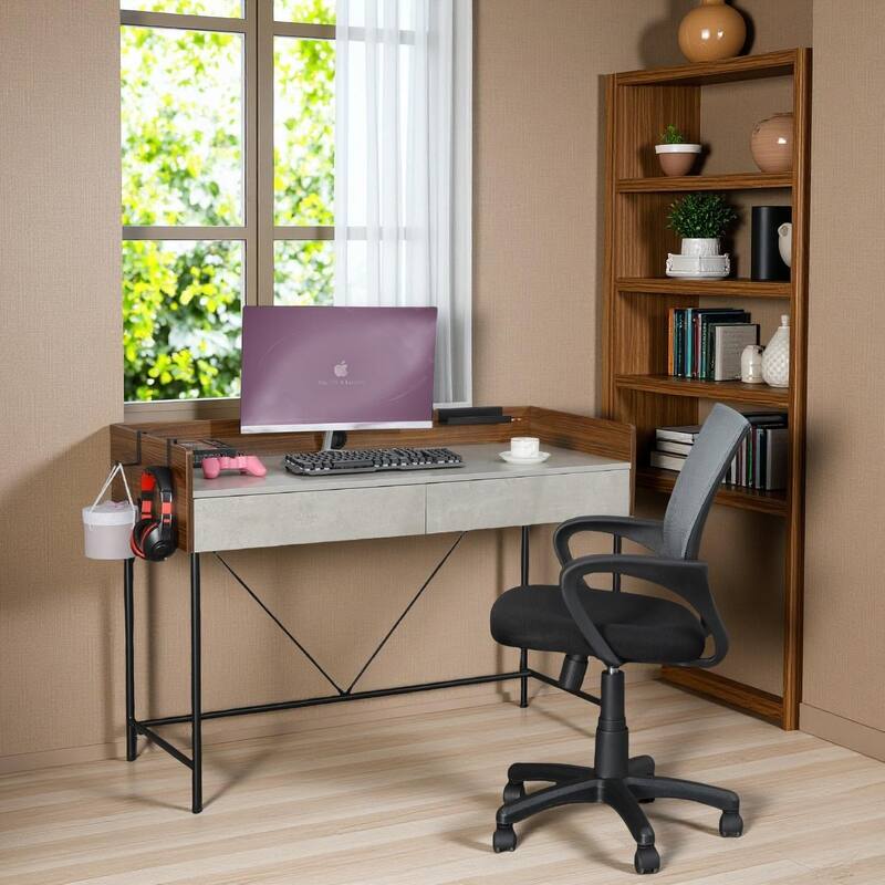 JJS 48" Home Office Computer Laptop Desk with Drawers, Modern Wooden Compact Study Writing Desk with Privacy Panel and Storage - Walnut/Cement