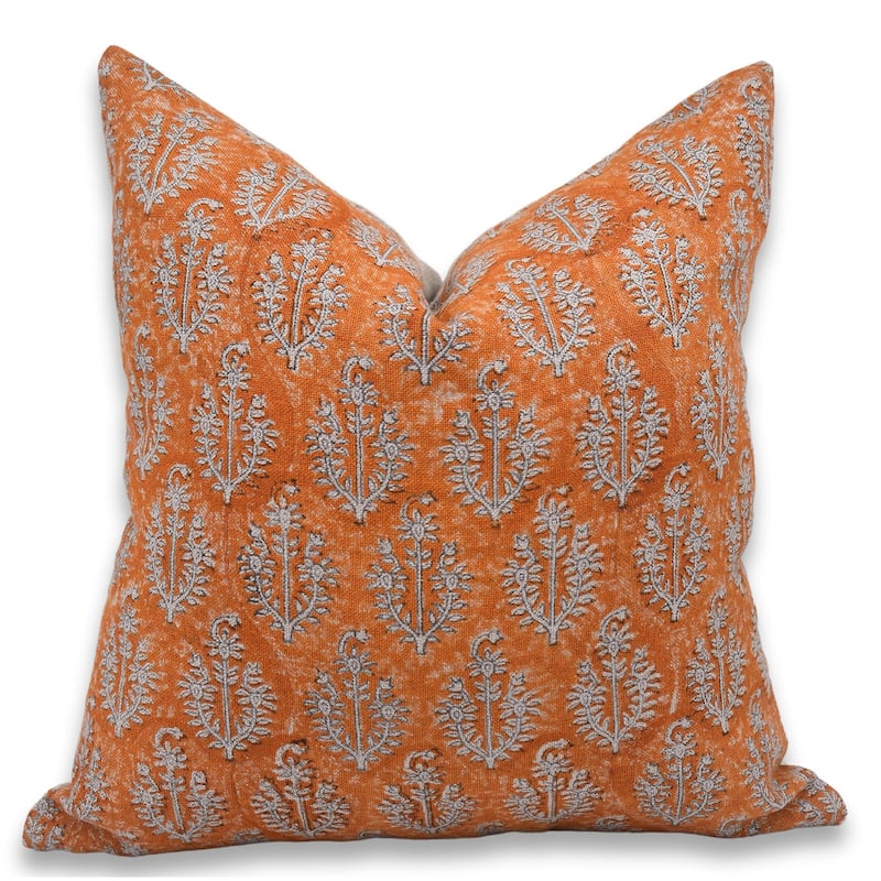 Fabdivine Floral Orange Pillow Cover Handmade Block Print, Neelgagan