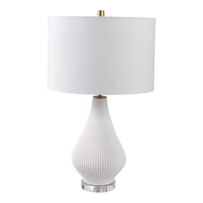 Stoneware Porcelain Table Lamp Ribbed Base Fabric Shade - 24" White - 15" x 15" x 24"