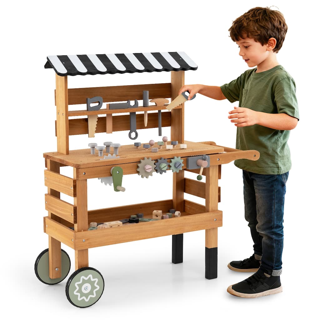 Gymax 2-in-1 Wooden Kids Cart & Tool Bench Play Workbench w/Realistic