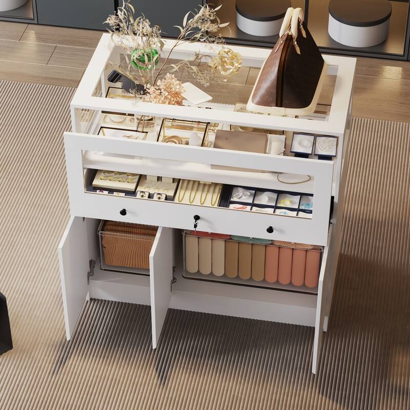 Display Cabinet with Tempered Glass Top and Lockable Storage Closet - 39.4"
