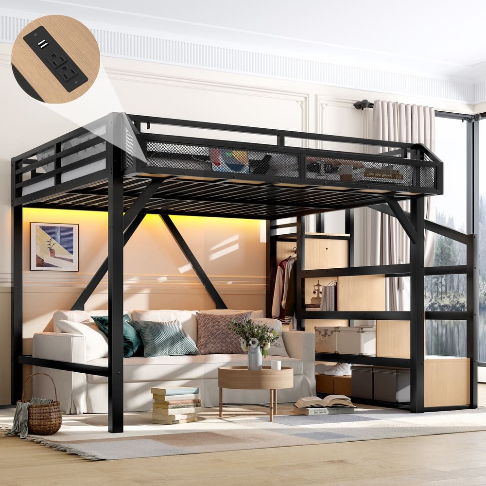 Noise-reduced Design Metal Loft Bed Frame with Storage Stairs, Shelves, Built-in Wardrobe, Light Strip and Charging Station