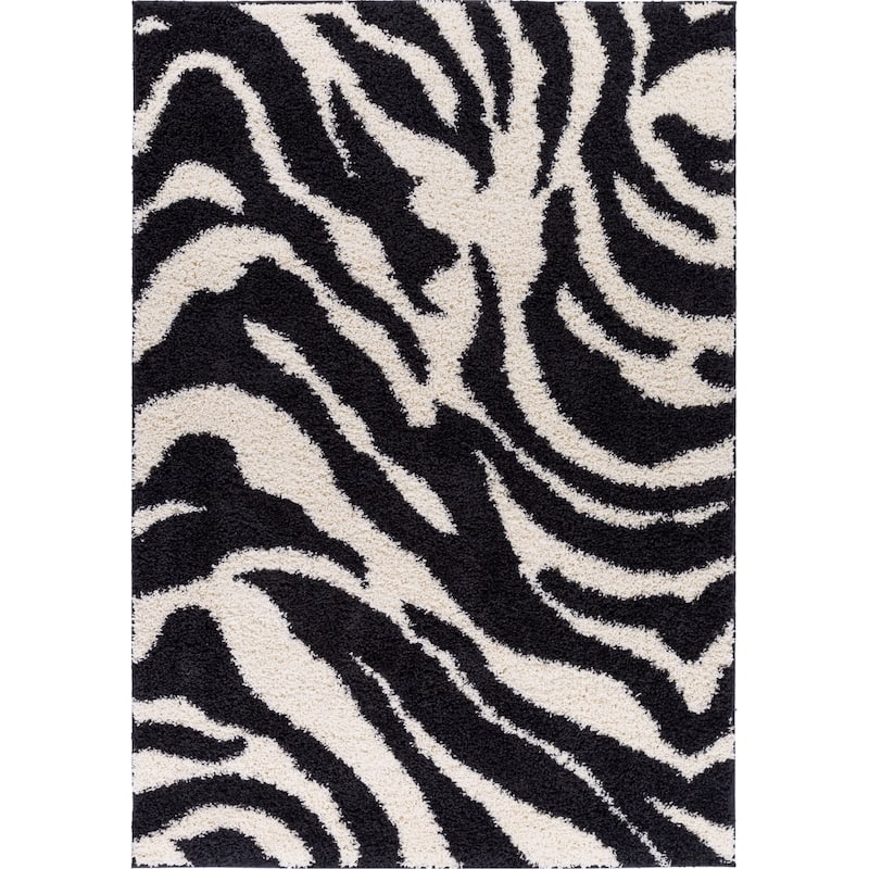 Well Woven Madison Shag Safari Zebra Animal Print Shag Area Rug - 5'3" x 7'3" - Black - Rectangle