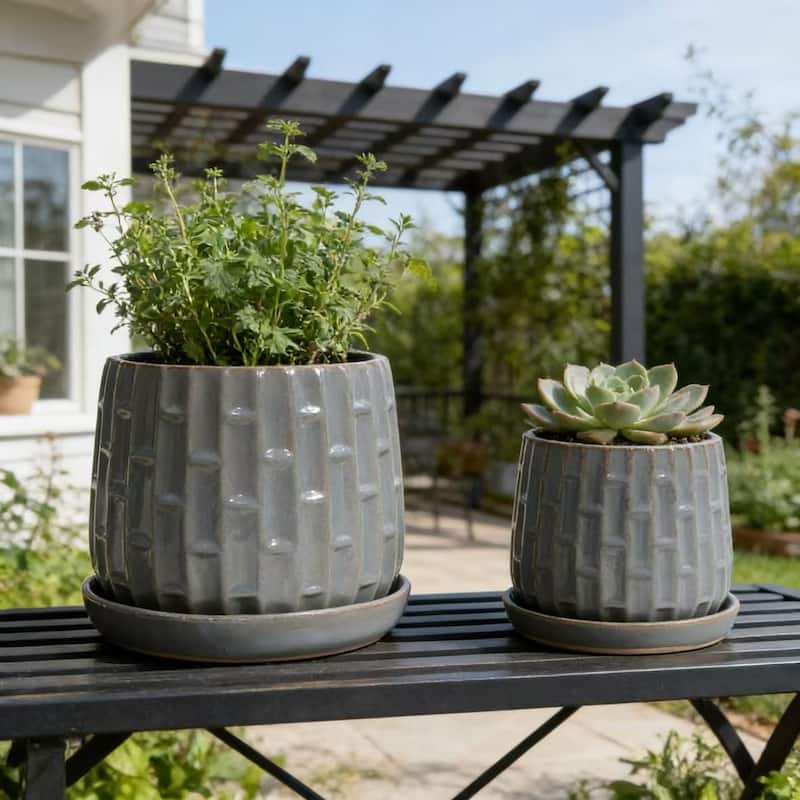 Set of 2 Handmade Ceramic Planters, Includes Saucers, Vertical Ribbed
