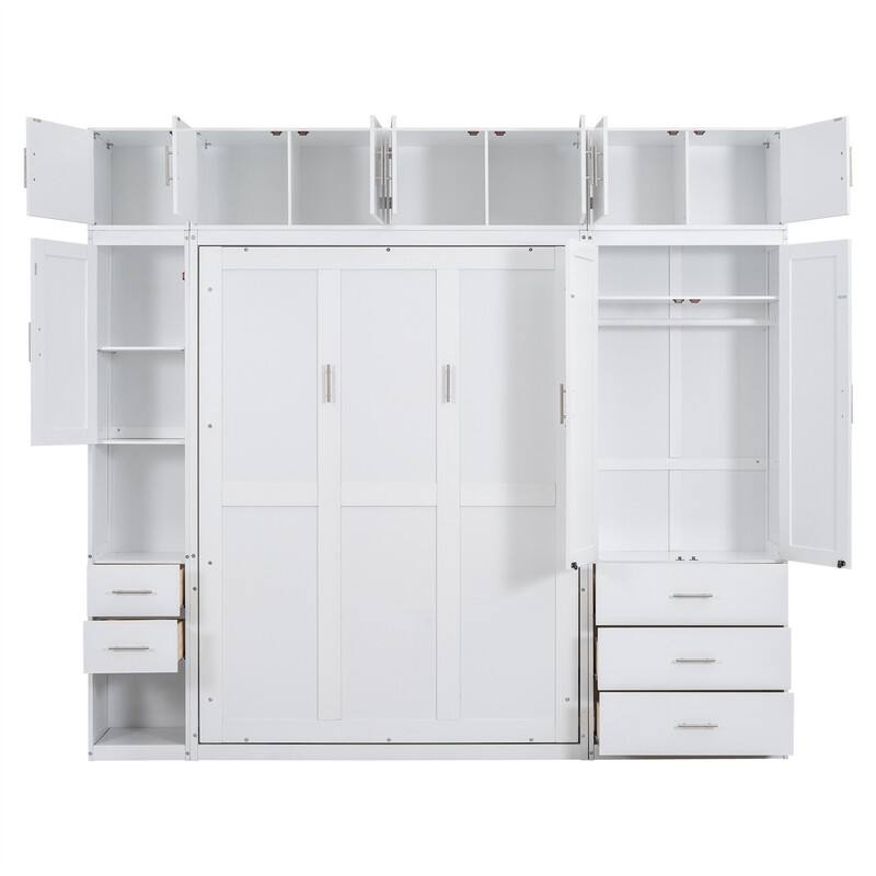Twin/Full Size Murphy Bed with Wardrobe, Storage Drawers and Lockers, Solid Wood Wall Bed Cabinet Bed w/ Open Shelves & Cabinets