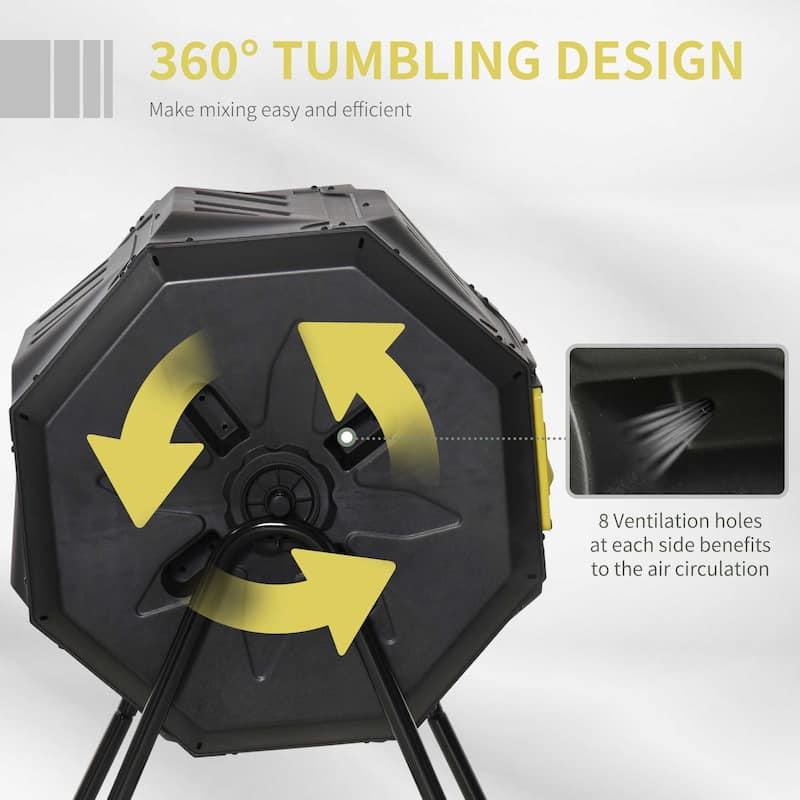 Outsunny Tumbling Compost Bin Outdoor Dual Chamber 360-deg Rotating Composter 43 Gallon w/ Sliding Doors & Solid Steel Frame