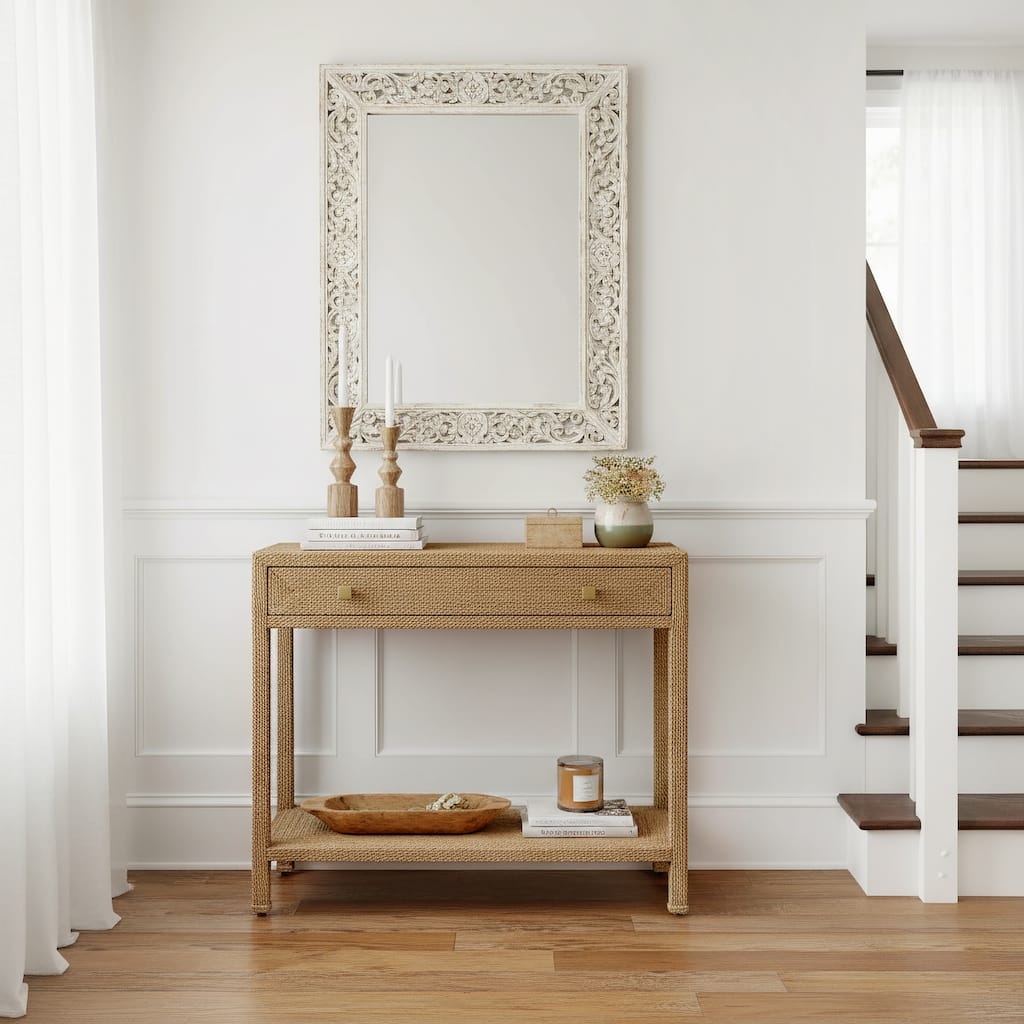 Como 31.5 in. W Rectangular Banana Leaf 1 Drawer Console Table with Lower Open Shelf