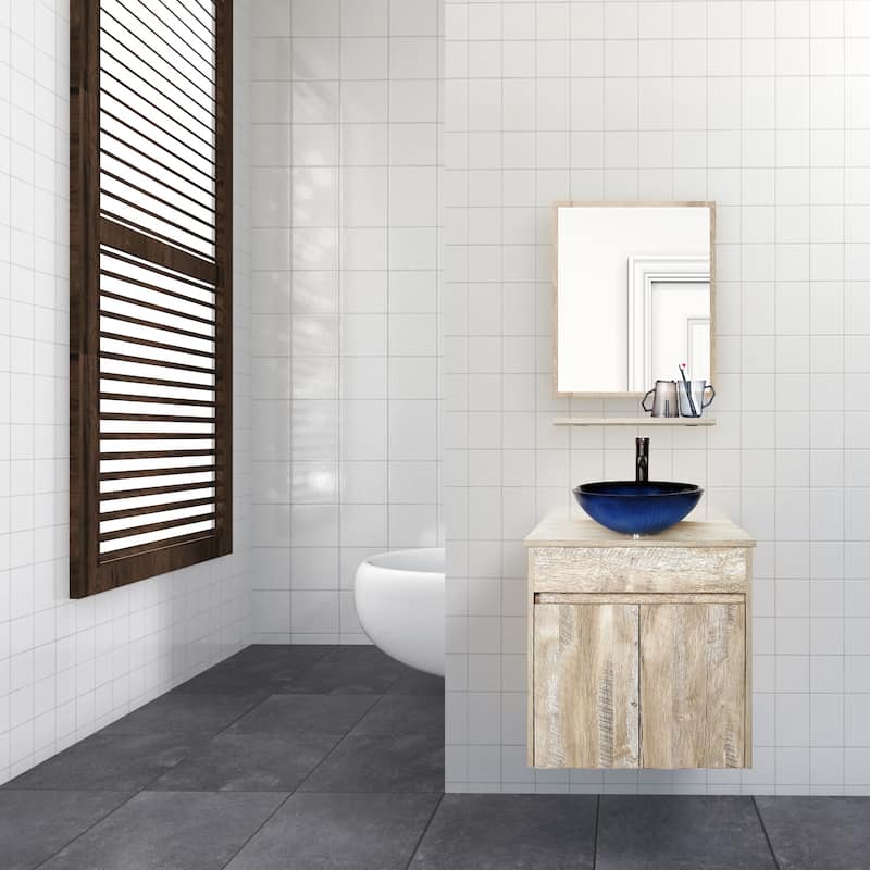 24" Bathroom Vanity Set Tempered Glass/ Ceramics Sink Combo Wall Mounted Natural Cabinet Faucet Drain Mirror - blue round sink