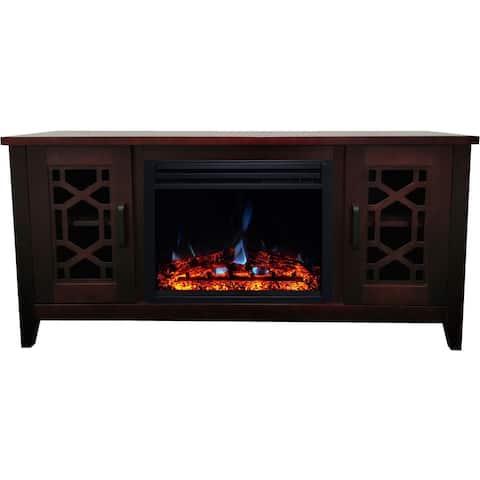 Hanover 56-in. Arcadia Mid-Century Modern Electric Fireplace Heater with Multi-Color Deep Log Insert, Mahogany - 56 Inch