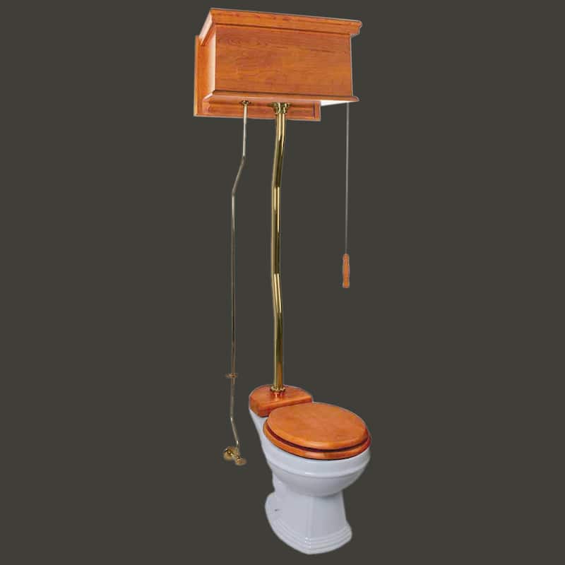 Light Mahogany Wooden High Tank Toilet Flat Tank, Brass PVD Z Pipe and Round White Bowl