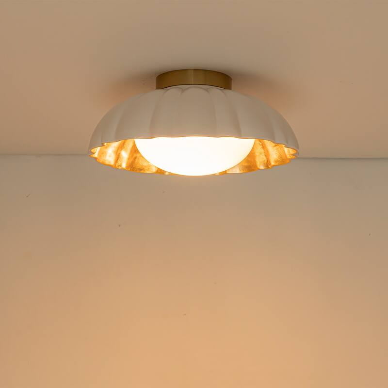 Dome Milky White Shade Flush Mount Ceiling Light with Gold Foil Interior - Dia.13.58-in