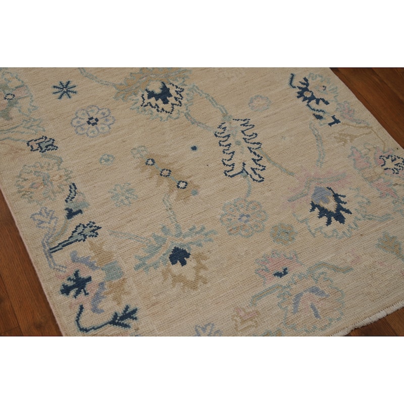 Hand Knotted Oriental 100% Wool Carpet Transitional All-Over Beige & Ivories Oushak Runner Rug - 9' 9'' X 3' 0''