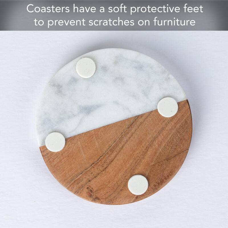 4 Pack Natural Marble & Acacia Wood Round Coasters 4.75" Elegant Heat Tolerant Protects Surfaces