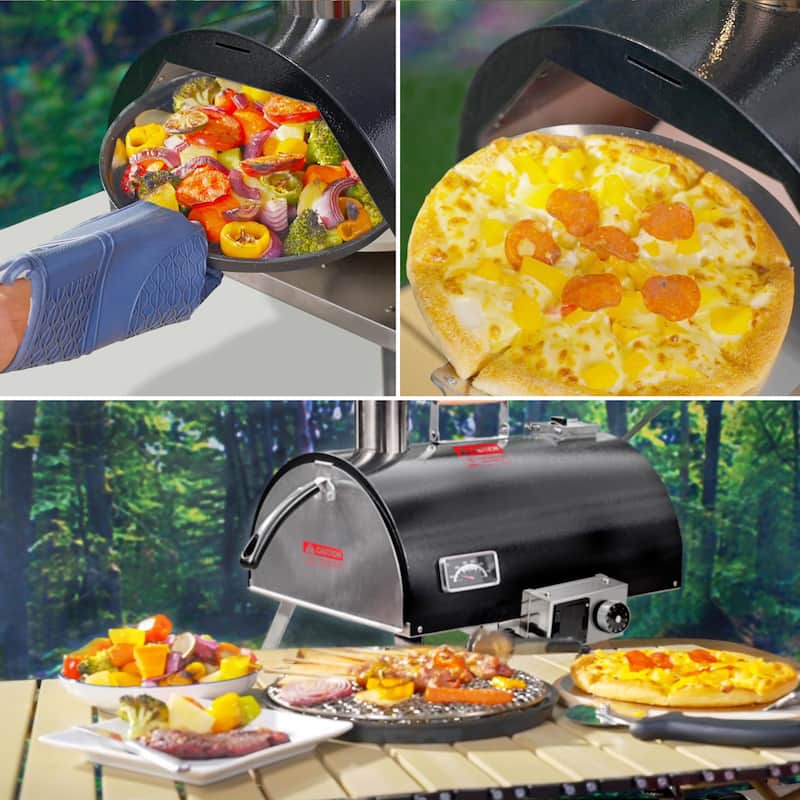 Outdoor Portable Automatic Rotatable Wood Fired Pizza Ovens,with Built-in Thermometer Pizza Cutter Carry Bag