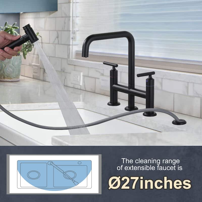 WOWOW Double Handle Bridge Kitchen Faucet with Side Sprayer