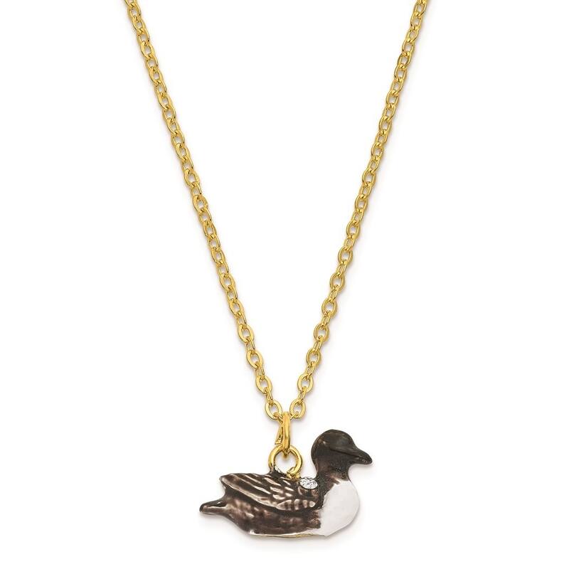 Curata Pewter Bejeweled Crystals Gold-Tone Enameled Carlo Loon Duck Trinket Box on 18 Inch Necklace