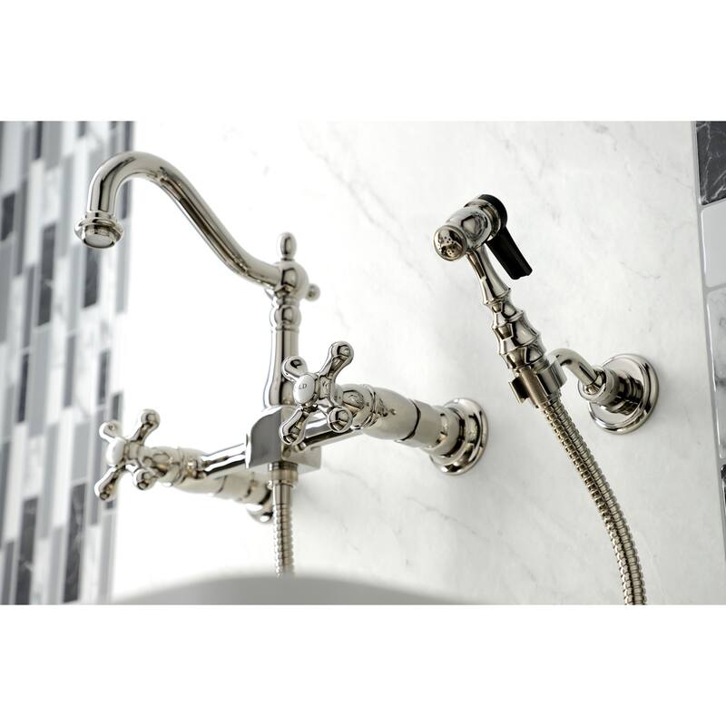 Kingston Brass Heritage Wall Mount Bridge Kitchen Faucet with Brass Sprayer