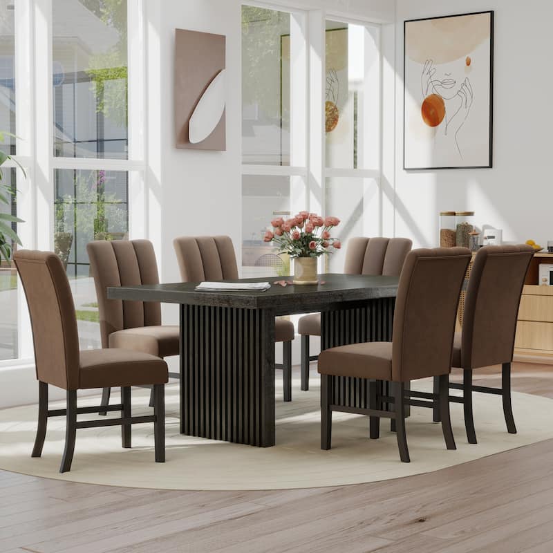 Roundhill Furniture Madison 7-Piece Dining Set, Slat-Fluted Dining Table with 6 Chairs, Chocolate