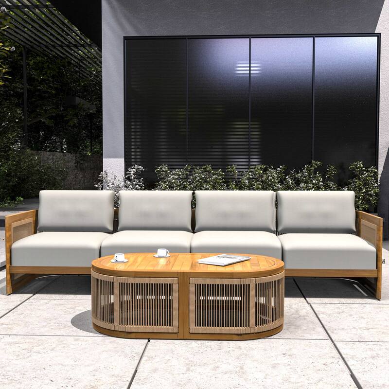 Modern Outdoor Modular Woven Conversation Sofa Set with Acacia Frame and Oval Coffee Table - 4-seater