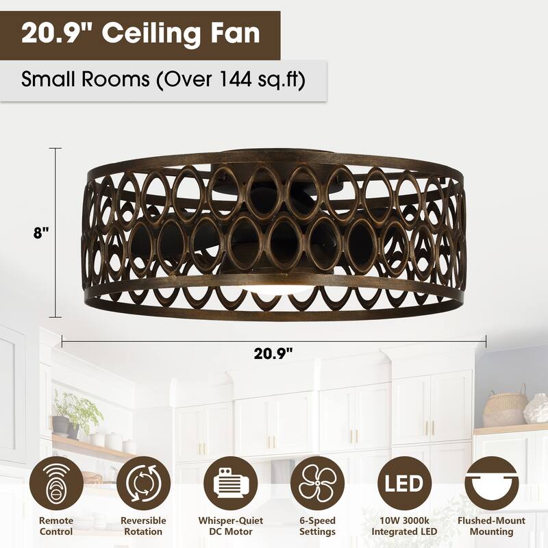 20.9" Antique Bronze Metal Caged Low Profile Ceiling Fan with Light