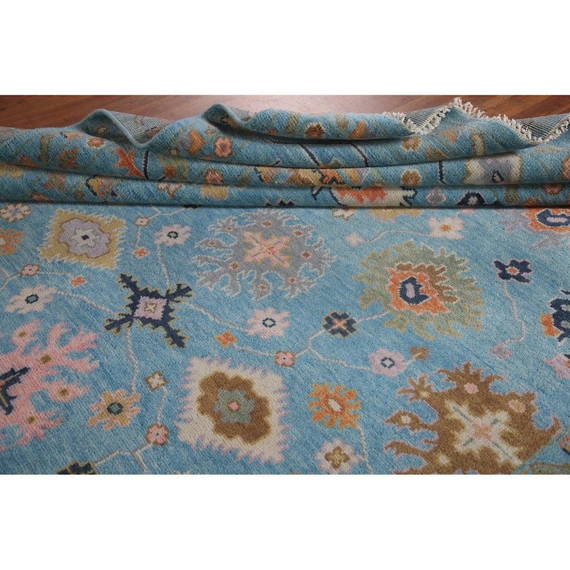 All-Over Blue Floral Oushak Indian Area Rug Handmade Wool Carpet - 8'9"x 12'0"
