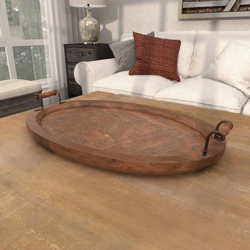 Brown Wood Large Oval Living Room Decor Tray with Scroll Metal Handles