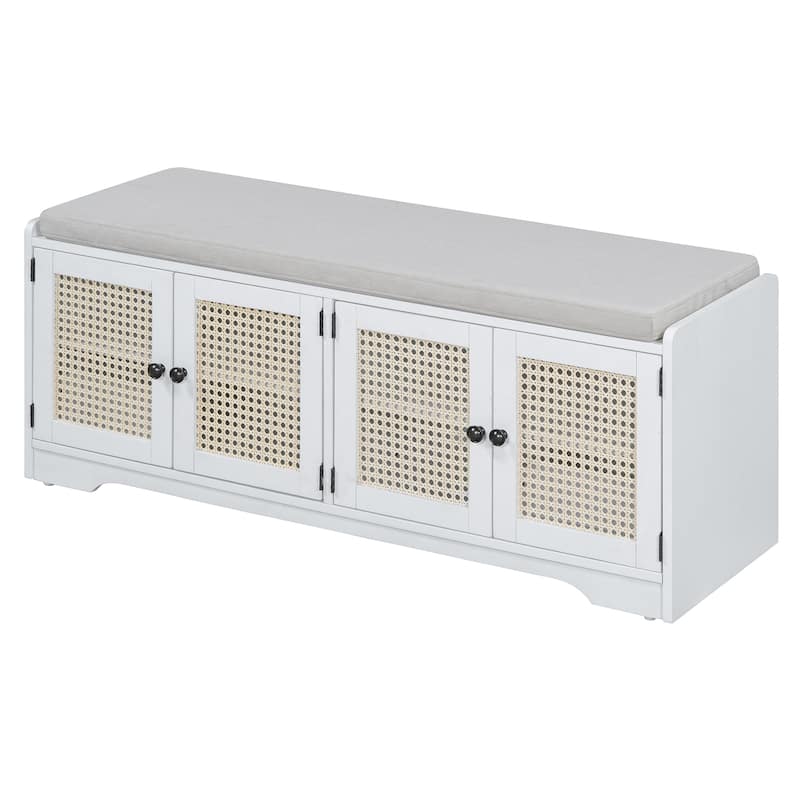 Rustic Storage Bench with Removable Cushion and Woven Rattan Doors