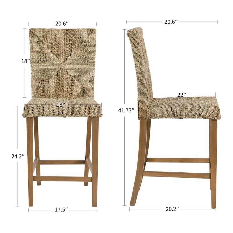 Bohemian 24" Height Weave Seagrass Rattan Counter Stools with High Back - 18.3"W x 23"L x 41.4"H