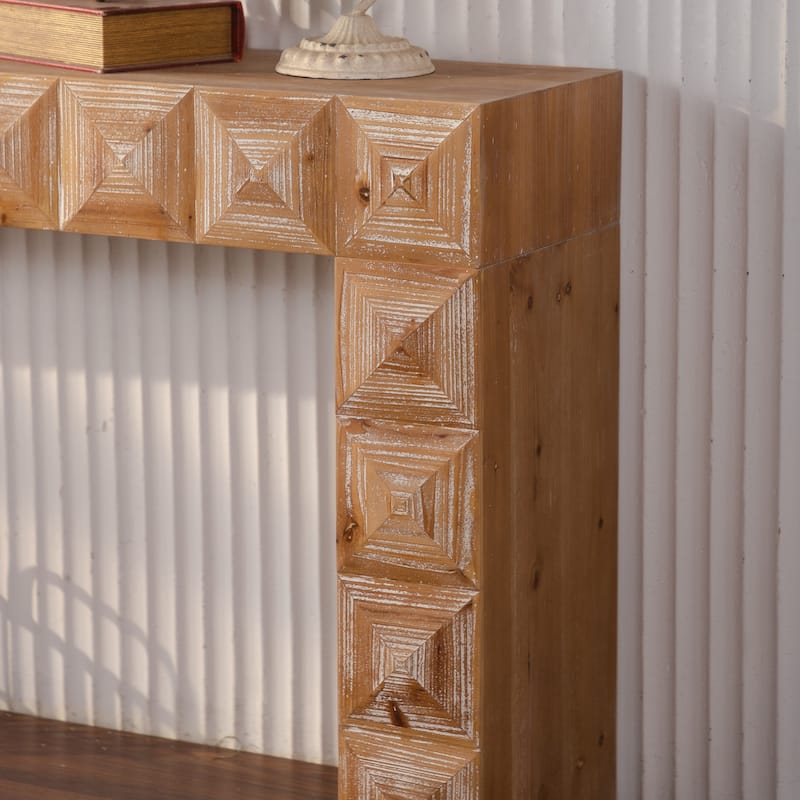 59.06" Rustic Geometric Relief Console Table - Solid Wood & MDF Entryway Table with 3D Carved Details for Living Room/Hallway