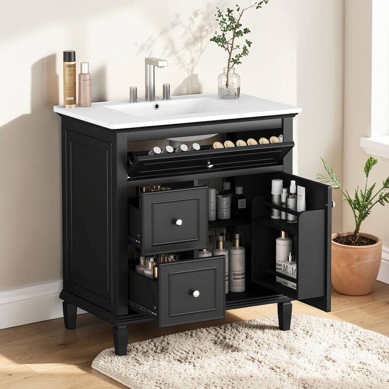30 Inch Bathroom Vanity with Sink, Modern Vanity Cabinet with One Flip Drawer and Two Storage Drawers