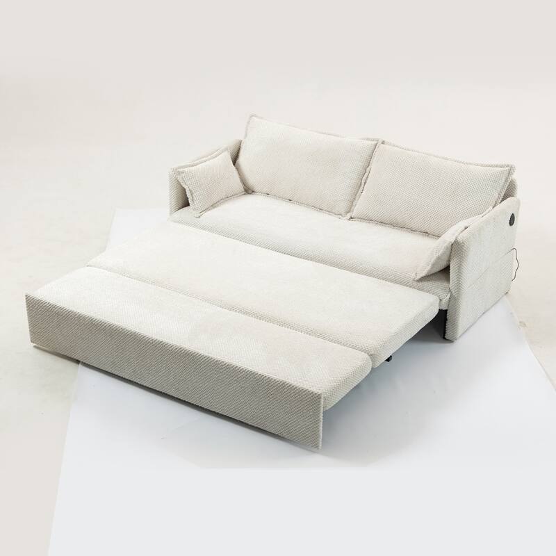 59.5" Ergonomic Sofa Bed with Storage & Charging - Supportive Chenille Convertible Sleeper, 800lb Capacity, Side Pockets
