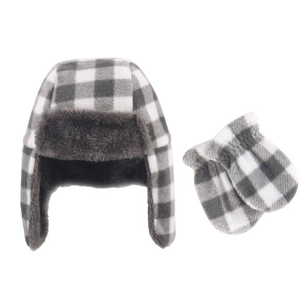 slide 1 of 1, Hudson Baby Infant and Toddler Fleece Trapper Hat and Mitten 2pc Set, Charcoal White Plaid 0-6 Months - Charcoal White Plaid Baby