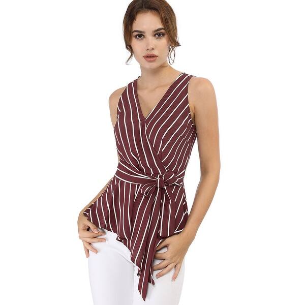 Allegra K Women S Striped Sleeveless V Neck Wrap Tie Waist Top Burgundy
