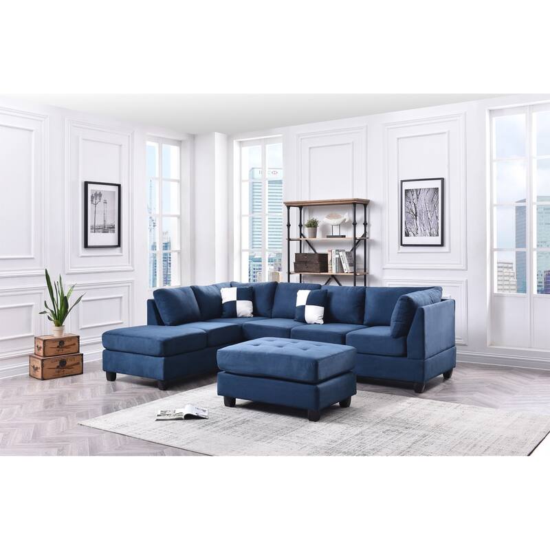 Microsuede 4-Seater Sectional Sofa with Throw Pillows - 111" - Navy Blue